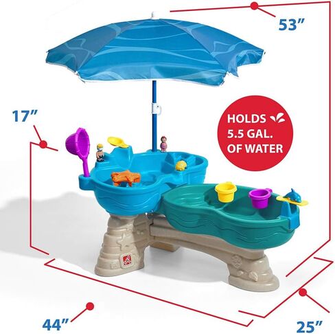 Step2 Spill & Splash Seaway Water Table, Kids Two-Tier Water and Sand Activity Sensory Playset, Comes with Umbrella, Summer Outdoor Toys, 11 Piece Toy Accessories, For Toddles 1.5+ Years Old in Kuwait
