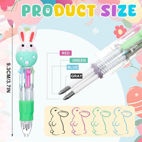 Kosiz 24 Pack Easter Pens Multicolor Ballpoint Pen 0.5mm 4 in 1 Colored Retractable Novelty Rabbit Pens Easter Gifts Party Favors Rabbi Shape Animal Pen for Office Students in Saudi Arabia