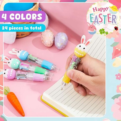 Kosiz 24 Pack Easter Pens Multicolor Ballpoint Pen 0.5mm 4 in 1 Colored Retractable Novelty Rabbit Pens Easter Gifts Party Favors Rabbi Shape Animal Pen for Office Students in Saudi Arabia