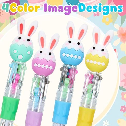 Kosiz 24 Pack Easter Pens Multicolor Ballpoint Pen 0.5mm 4 in 1 Colored Retractable Novelty Rabbit Pens Easter Gifts Party Favors Rabbi Shape Animal Pen for Office Students in Saudi Arabia