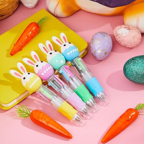 Kosiz 24 Pack Easter Pens Multicolor Ballpoint Pen 0.5mm 4 in 1 Colored Retractable Novelty Rabbit Pens Easter Gifts Party Favors Rabbi Shape Animal Pen for Office Students in Saudi Arabia