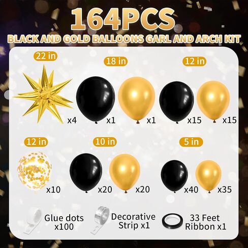 164Pcs Black and Gold Balloons Garland Arch Kit with Star Balloons, 5 10 12 18 inch Black Gold Confetti Latex Balloons for Graduation Retirement Anniversary Birthday Party Decorations in Saudi Arabia