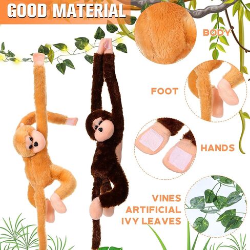 12 Pcs 20 Inch Hanging Monkey Stuffed Animal Stuffed Monkey Plush Toy with 2 Hanging Artificial Ivy Vines 2 Pcs 20 LED Fairy Light Battery Operated String Light for Gifts(Brown, Khaki) in Kuwait