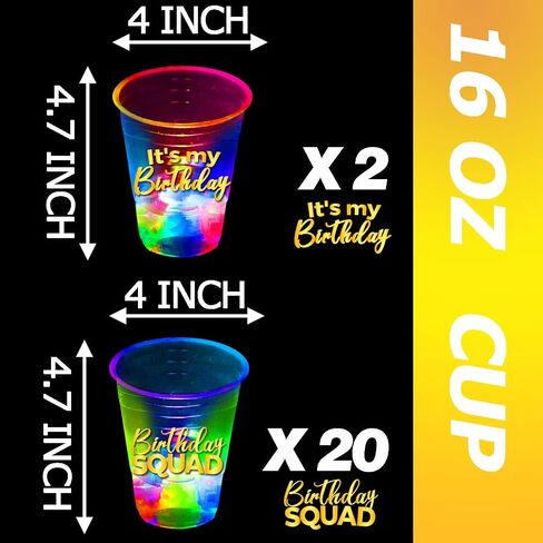 mishunyus 24 Pcs Glow Birthday Squad Party Supplies, 16oz Birthday Squad Glow Cups,Birthday Decorations Favors for 21st 30th 40th 50th 60th Night Event in Saudi Arabia