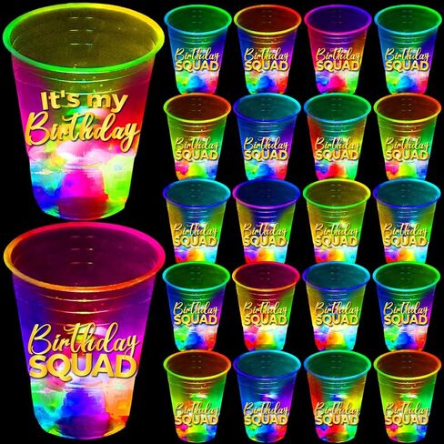 mishunyus 24 Pcs Glow Birthday Squad Party Supplies, 16oz Birthday Squad Glow Cups,Birthday Decorations Favors for 21st 30th 40th 50th 60th Night Event in Saudi Arabia