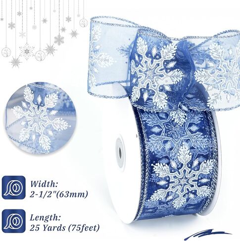 Navy Organza Snowflake Wired Ribbon 2.5" X 25 Yards Navy Blue Ribbon for Christmas Tree Decoration, Blue and White Christmas Ribbon for Garlands and Wreaths, Gift Wrapping, DIY Crafts in Saudi Arabia