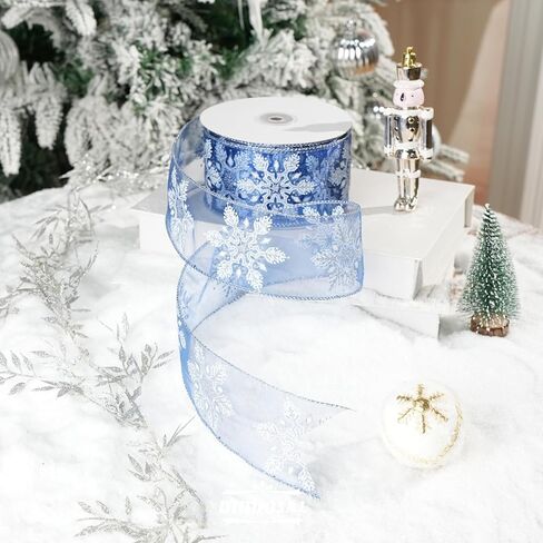 Navy Organza Snowflake Wired Ribbon 2.5" X 25 Yards Navy Blue Ribbon for Christmas Tree Decoration, Blue and White Christmas Ribbon for Garlands and Wreaths, Gift Wrapping, DIY Crafts in Saudi Arabia