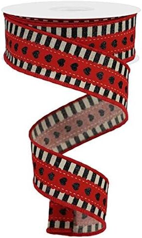 Hearts with Stripes Canvas Wired Edge Ribbon, 1.5 Inch x 10 Yards (Light Natural, Red, Black) in Saudi Arabia