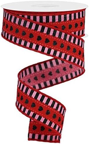 Hearts with Stripes Canvas Wired Edge Ribbon, 1.5 Inch x 10 Yards (Light Natural, Red, Black) in Saudi Arabia