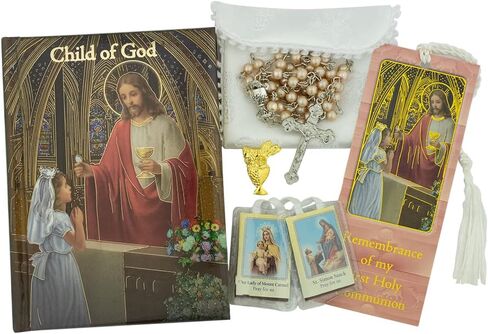 First Holy Communion Gift Set | Catholic Prayer Kit for Children | Includes Mass Missal, Bookmark, Scapular, Rosary, Pouch, and Pin | Black, Rose, or White for Boys and Girls (Rose) in Kuwait