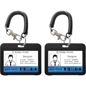 ID Badge Holder/Card Case with Spring Wrist Band for Work, Office, School, Factory, Credit Cards, Key Cards (2 Sets) (Black Horizontal)