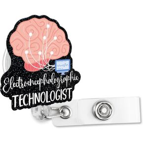 Electroencephalographic Technician Retractable Glitter Badge Reel with Alligator Clip, Funny Badge Holder Gift for Electroencephalophy Tech EEG Doctor Nurse Nervous System Medical Office Work