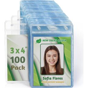 EcoEarth Vertical Name Badge Holders with Soft Edge (Large 3x4, 100 Pack) Clear Plastic Pouch for ID Name Tags, Conference Nametag Sleeves, No Zipper for Quick and Easy Loading of Card Inserts