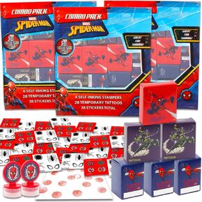 Spiderman Party Favors مجموعة كبيرة ~ حزمة مع 60 قطعة سبايدر مان الصناديق مع ملصقات ، الوشم ، الطوابع لحفلة عيد ميلاد الأطفال | صناديق جائزة الفصول الدراسية Spiderman