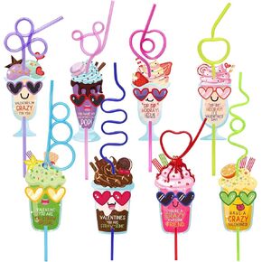 32 Pack Valentines Day Cards for Kids Classroom School Valentines Exchange Cards with Reusable Crazy Straws for Girls Boys Party Favors Gifts Prizes