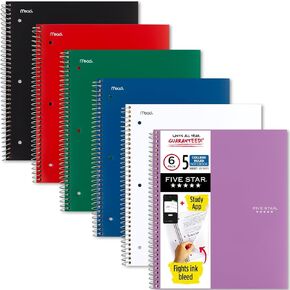 Five Star Spiral Notebooks + Study App, 6 Pack, 5 Subject, College Ruled Paper, Fights Ink Bleed, Water Resistant Cover, 8-1/2" x 11", 200 Sheets,Assorted Colors (73793)