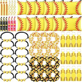 Nuogo 60 PCS Softball Party Forms Higbors for Team Girls تشمل 12 حقيبة مستحضرات مستحضرات مستحضرات 12 سلسلة مفاتيح 12 Scrunchies 12 علاقات الشعر 12 أساور لتوفيات حفلات عيد الميلاد الرياضية