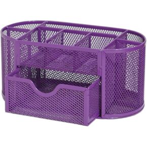 Purple Mesh Desk Organizer Desktop Office Supplies with 9 Compartments, Office Desktop Organizer with Drawer, Metal Pen Holder Stationery Caddy Multifunctional Organizer for Desk Organization