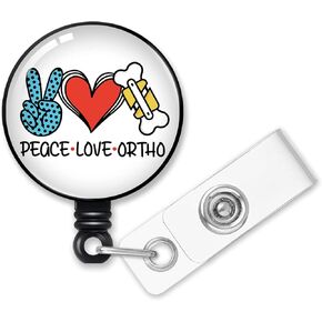 Retractable Peace Love Ortho Badge Reel with Alligator Clip, Funny Skeleton Badge Holder Gift for Orthopedic Doctors Nurses Physician Assistant Medical School Student Radiology X-Ray