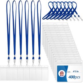 Tenceur 200 Set 4 x 3 Name Tag Holders with Lanyard Clear Plastic Horizontal ID Badge Holder Blue Neck Lanyard with Swivel Hook Waterproof ID Card Holders and Lanyard for Office Business