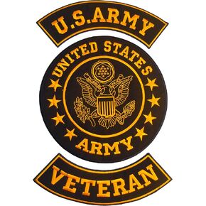 U.S Army Veteran Gold on Black Iron on 3 Large Back Patches Set for Biker Vest Jacket