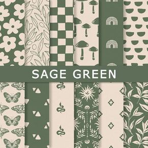 Whaline 24Sheets Vintage Boho Sage Green Pattern Paper 12 Designs Retro Greenery Ivory Scrapbook Specialty Paper Double Sided Vintage Decorative Art Paper for DIY Crafts Supplies, 11.8 x 11.8 Inch