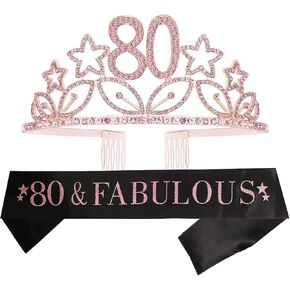Leys2tobe 80th Birthday Sash and Tiara for Women - Fabulous Glitter Sash + Stars Rhinestone Pink Premium Metal Tiara لها ، هدايا عيد ميلاد 80 لـ 80 احتفالًا