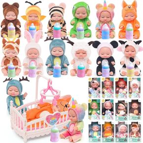 12 PCS Mini Baby Dolls Set, Reborn Baby Doll 4 Inch with Feeding Bottles for Kids 3+, Girls Birthday Party Favors Realistic Babies with Animal Clothes for Easter Egg Filler