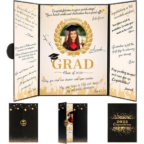 Forwe Graduation Guest Book 2025, Graduation Signature Board Sign in Book with Picture Frame for 4x6 Photo, Black Gold Class of 2025 Graduation Party Decorations for College & High School Celebrations