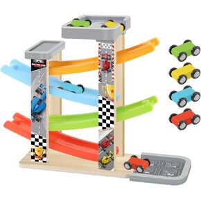 Wooden Race Track Car Ramp Toy, Montessori Car Ramp Set with 7 Mini Cars, 7 Ramps, Parking Lots – Educational Gift for Boys & Girls 3+Years Toys