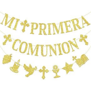 لافتة Mi Primunion Comunion Decoracion ، لا يوجد DIY First Complelic Decorations Mi Primunion Comunion Banner ، Glitter Gold First Communion Banner Garland على 9.8 قدمًا للحفلة in Kuwait