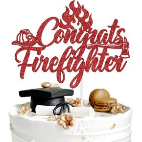 Congrats Firefighter Cake Topper, Congrats Firefighter Cake Topper, Congratulations Future Fireman, Fire Academy Graduation Party Decoration Supplies, Red Glitter