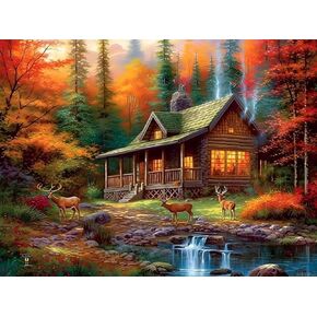 HMDIIMGE 5D Diamond Painting Kit for Adults, DIY Fawn Maple Leaf Forest Diamond Painting, Forest House Crystal Diamond Art Kit, Home Decor Gift for Family Club12x16 Inch