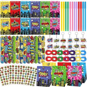84pcs Hero Themed Super Party Favors with Colorful Paper Gift Bag Notepad Pen Slap Bracelet Key Chain Eye Mask Sticker Comic Hero Themed Party Supplies for Boy Girl Birthday Classroom Games Activities