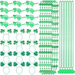 Crowye 36 Pieces St. Patricks Day Party Favors Set Including 12 Shamrock Glasses 12 St Patricks Day Necklace 12 Headbands for Adults Party Decoration(Clover)