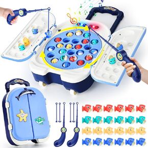 Fishing Game Play Set,Magnetic Go Fish Toys for Kids Toddlers Age 3 4 5 6-12 and Up,24 Fish,2 Poles,Rotating Board & LED Lights with Music,STEM Family Board Games Gifts for Christmas Birthday (Blue)
