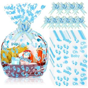 Outus 12 Pcs Extra Large Baby Shower Basket Bags with 10 Bows Ribbon 28 x 40 Inch Large Cellophane Baskets Empty Bags Jumbo Cellophane Wrap for Gift, Presents, Baby Shower(Blue)