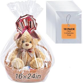 Yuiicaov 10PCS Large Cellophane Bags, 16x24 Inches Clear Cellophane Wrap for Gift Baskets, Jumbo Huge Clear Basket Bags Packaging Clear Gift Bags 2.8 Mil Thick