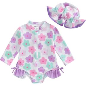 Baby Girl Rash Guard Swimsuit Floral One Piece Bathing Suit Infant Zipper Swimwear + Hat Sun Protection Beach Wear