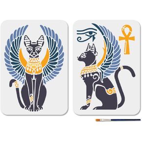 MAYJOYDIY 2Pcs Egyptian Cat Stencils Egyptian Winged Cat Stencil 11.7×8.3inch with Paint Brush Key to Life Stencil Eye of Horus Template for Wood Wall Window DIY Craft Home Decor in Saudi Arabia