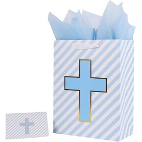 Lyforpyton Large Baptism Gift Bag for Baby Boy 13" Blue Cross Gift Bag with Tissue Paper and Card for Religious Christenings First Communions Religious