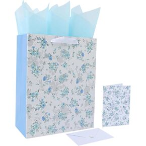 13" Large Blue Flowers Gift Bag Set with Handles, Greeting Card, Tissue Papers and Stickers for Women Girls for Birthday, Wedding, Anniversary and Mother’s Day, 1 Pcs