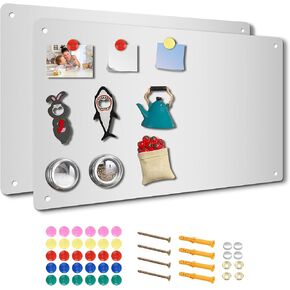 2 Pack Magnetic Boards with Magnets and Wall Mounted Screws, Ferrous Bulletin Plate for Displaying Memo, Notes, Photos, Pictures in School, Office, Kitchen (Glossy Silver, 20" x 12")