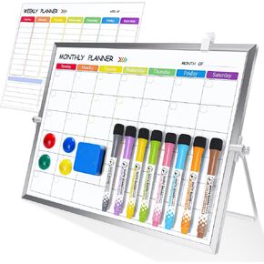 3 in 1 Colorfu Magnetic Dry Erase Weekly Planner&Monthly Calendar& 16"x12" Double Sided Magnetic Desktop Whiteboard with Stand,8 Markers, 4 Magnets, 1 Eraser for Office,School,Home-RCC-3040