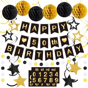 DIY Birthday Decorations Customizable Happy Birthday Banner with 6 Honeycomb Balls 8 Hanging Swirl Streamers 8 Glitter Stars and Circle Garland for Women Men Boys Girls(Purple Black)