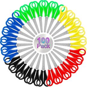 100 حزمة مقص للأطفال ، 5 بوصات مقصات للأطفال بشكل مثالي للمدارس والحرف اليدوية ، شفرات الفولاذ المقاوم للصدأ سلامة قبضة قبضة ناعمة (متعددة الألوان）
