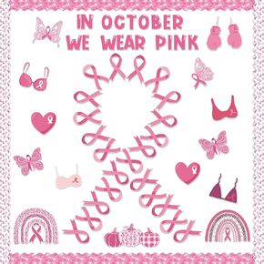 123Pcs Pink Ribbon Breast Cancer Awareness Bulletin Board Classroom Decoration Set, Pink Ribbon Cutouts Name Tags Border Trim Charity Event Decor Office School Chalkboard Wall Supplies