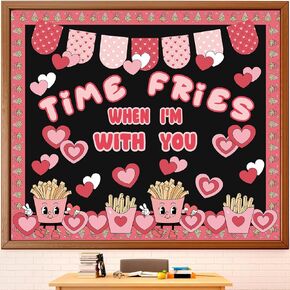 Zhanmai 74 Pcs Valentine's Day Fries Bulletin Board Set, Valentines Classroom Door Decor French Fries Bulletin Board Trim Red Pink Heart Cutouts for Chalkboard Wall Home Decor