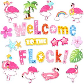 HOWAF 56pcs Flamingo Cutouts, Hawaii Flamingo Themed Welcome Paper Cut Outs with Dot Glues for School Classroom Bulletin Board Decoration, Summer Bulletin Board Decoration Name Cards
