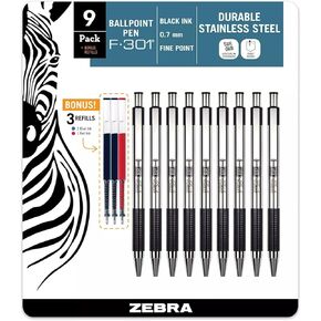 ZEBRA F-301 Ballpoint Retractable Pen, Black Ink, Fine Point Tip, 9 Pens per Pack Refillable Pens with Refill 0.7 mm Stainless Steel
